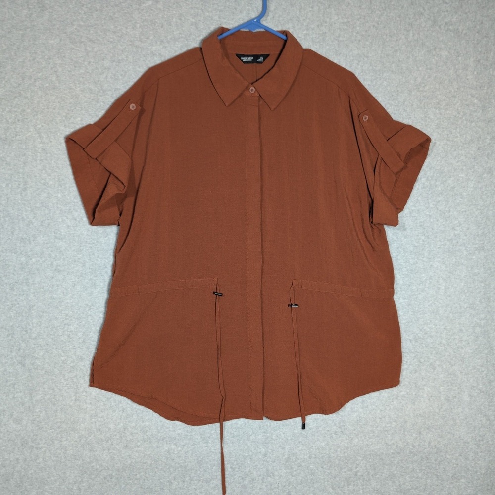 Simply Vera Wang Blouse XL Burnt Orange Drawstring Roll Tab Autumnal Neutral